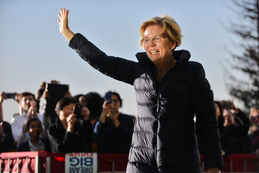 Sen.+Elizabeth+Warren+waves+to+the+crowd+at+%28D.-M.A.%29+at+her+first+campaign+rally+in+Oakland+on+May+31.+Warren%2C+who+was+one+of+the+previous+front+runners+of+the+Democratic+primary+race%2C+dropped+out+today+after+falling+short+of+expectations+on+Super+Tuesday.
