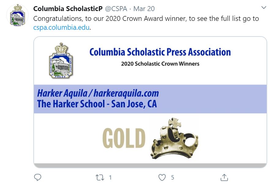 The+Columbia+Scholastic+Press+Association+announced+last+Friday+that+Harker+Aquila+was+one+of+eight+high+school+sites+nationwide+to+receive+the+Gold+Crown+award+in+digital+news.