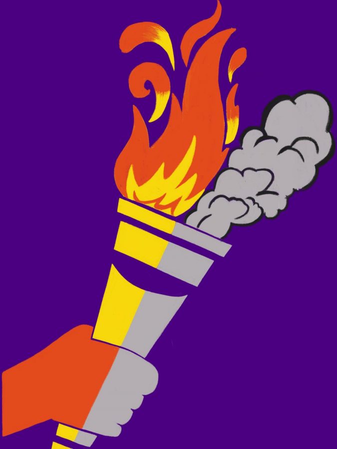 A torch representing the Latin language. The regenerative power of flames symbolizes truth, life–the part of Latin that lives on forever. The smoke radiates outwards and dissipates, symbolizing the "dead" aspect of Latin, one that isn't spoken anymore or included directly in vernacular literature.