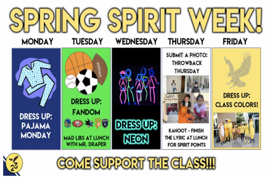 A flier made by the freshman class summarizing the events taking place throughout Spirit Week. “I was definitely looking forward to the spring spirit rally, but I’m glad HSLT and the student council worked together to ensure a virtual version of spring spirit still would happen,” Michelle Jin (9) said. 