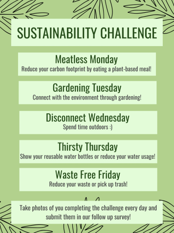 A poster describing the daily challenges for each day of Earth Week. “We wanted to still be as engaging as possible this week, even if it wasn’t in person,” upper school Green Team President Anvi Banga (12) said. “Take advantage of tomorrow, because it’s not every day that we get to celebrate the 50th anniversary of Earth Day.”