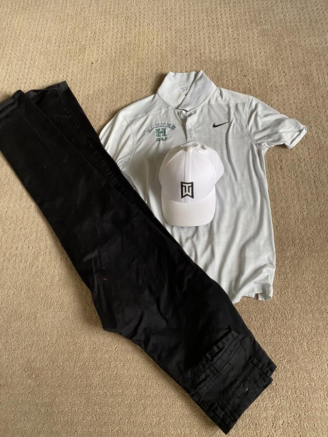 This is the golf outfit I would wear for every Harker golf tournament. It consists of a light gray polo, white cap and black pants. I was going to wear this outfit the day after school closed for golf practice, but I havent worn it since.