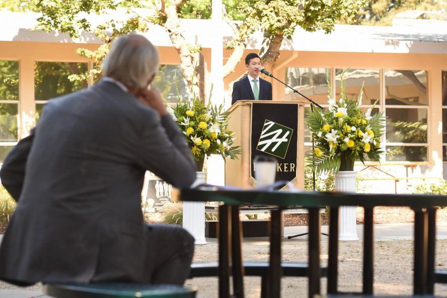 Associated Student Body President Jason Lin records his speech for the virtual matriculation ceremony, as head of school Brian Yager looks on. Jason touched upon ways that the Harker community has stayed connected during quarantine.