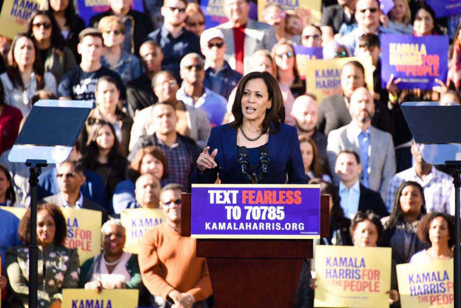 Harris speaks at a campaign rally in her hometown of Oakland on Jan. 27, 2019. Presumptive Democratic nominee Joe Biden named Harris as his running mate for the 2020 election, making her the first Black and South Asian-American woman on any major party ballot. 