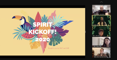 Harker Spirit Leadership Team president Lisa Barooah (12) introduces spirit kickoff at the junior class meeting. This year, students participated in activities over Zoom to earn spirit points.