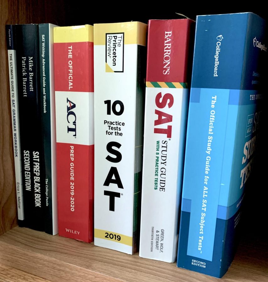 SAT and ACT prep books lie on a shelf. A judge in Alameda County ruled that the University of California must immediately cease considering SAT and ACT scores in admissions and scholarship decisions.  