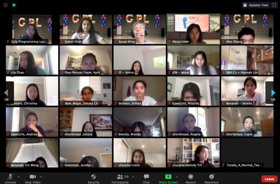 Girls Programming League (GPL) team officers and participants meet in a Zoom room for the awards ceremony. This year, the GPL event was held virtually due to concerns about COVID-19.