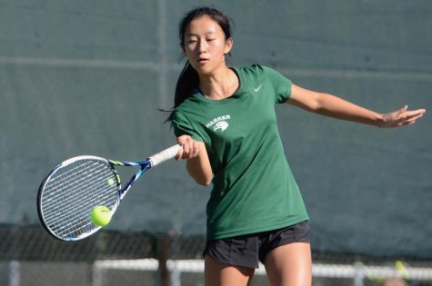 Sophomore Sara Wan swings at the tennis ball during a CCS semifinals match last year. Competitive boys and girls tennis seasons for this year are scheduled to begin in the spring, as per the California Interscholatic Federation’s (CIF) revised sports schedule for the 2020 - 2021 school year. 