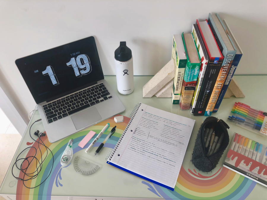 In my workspace, I keep my writing essentials in my pencil case, as well as a variety of pens and highlighters. I also keep my textbooks nearby for easy access, as well as my hydroflask to stay hydrated. The most essential item is my laptop, which is obviously a necessity for online school.