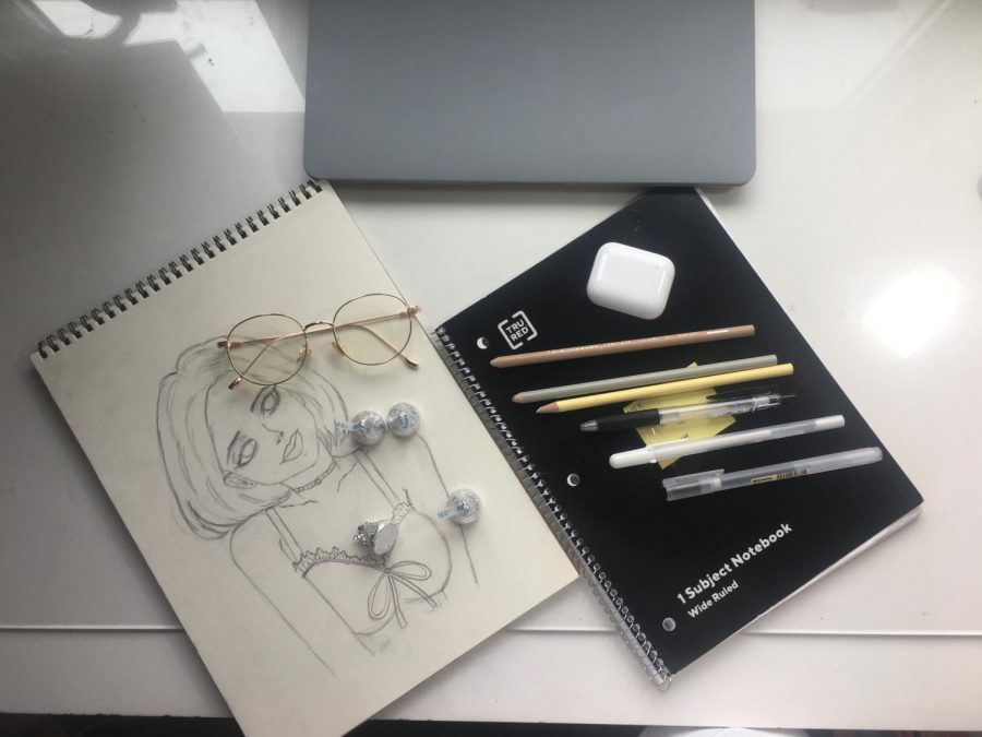 My workspace consists of my laptop, my notebook, my pens, and my sketchbook, which I sometimes doodle or sketch in during breaks.
