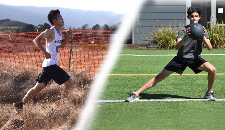 (Left) Alex Hu (11) sprints at a cross country meet last year. (Right) Rigo Gonzales (10) lunges with a medicine ball during a workout session in July.