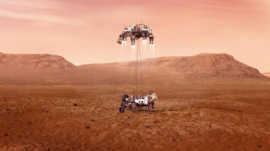 An+illustration+of+NASA%E2%80%99s+Perseverance+rover+landing+on+Mars.+The+rover+landed+today+around+noon.