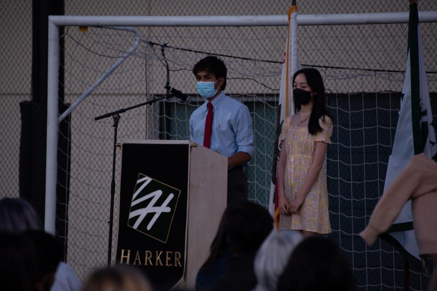 Shray Alag (12) and Arely Sun (11), both members of the upper school Honor Council, spoke at the ceremony to remind the senior class to uphold the honor code and all community values. 