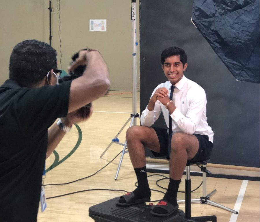 Kaden Kapadia (12)  poses in a dress shirt and tie. Students could select additional outfits based on the photo package they chose.