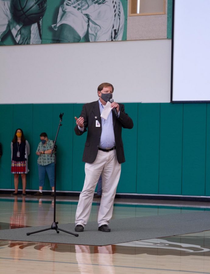Dean of Students Kevin  Williamson addresses the student body on the Community Expectations on dress during the school meeting on Monday.
