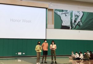 Senior honor council representatives Rohan Thakur, Alexa Lowe and Arely Sun announce Honor Week. An underclassman and an upperclassman can pair up, find a similarity with each other and submit a selfie together throughout the week for spirit points. 