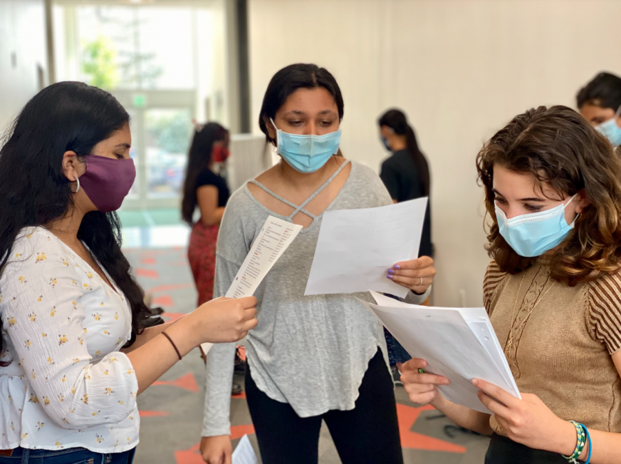 Namrata Karra (11), Saumi Mehta (12) and Paulina Gicqueau (11) rehearse lines during the callback auditions on Thursday, Sept. 2. The Fall Play this year, Much Ado About Nothing, will be performed on Oct. 30 and 31.