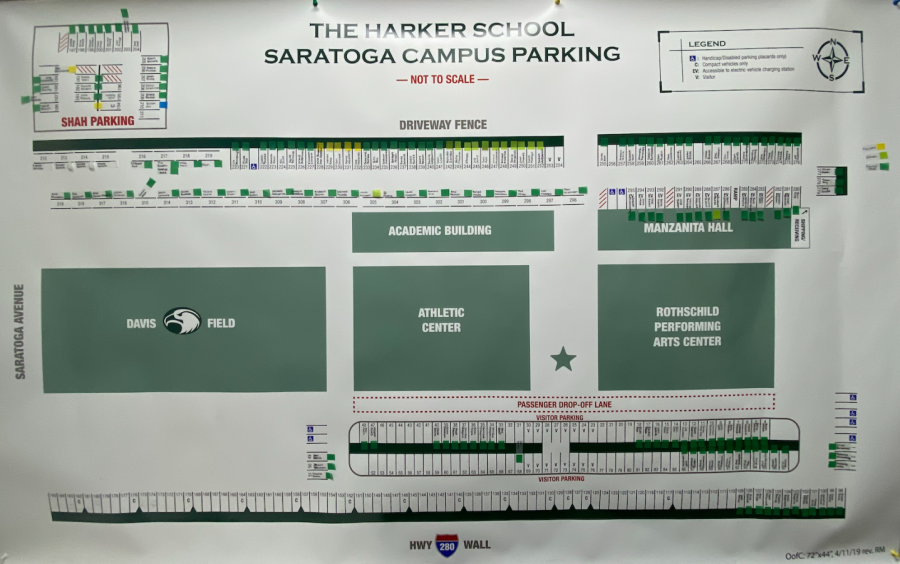 The Harker School Saratoga Campus Parking map in Assistant Head of School Ken Allens office. Seniors participated in a lottery to determine parking spots on Matriculation 2021, and juniors who applied afterwards could also receive remaining available parking spots.