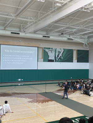 Upper school English teacher Christopher Hurshman delivered a speech as a faculty speaker for Honor Week about the vulnerability associated with behaving honorably. In a sense, every time I offer respect or honesty to someone, Im taking a risk, Hurshman said. Every time I receive it, Im receiving a gift.