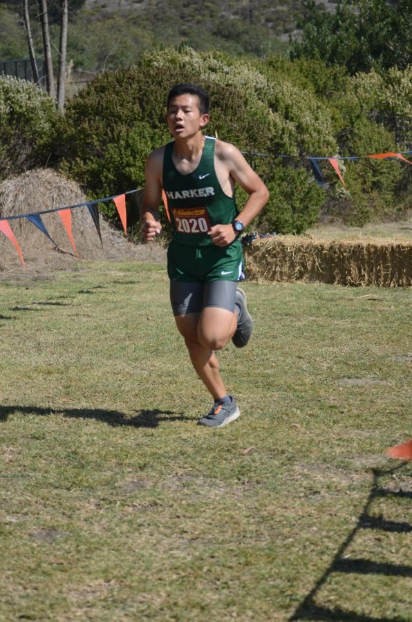 Alex Liou (12) sprints to the finish at the Artichoke Invitational cross country meet on Oct. 2.
