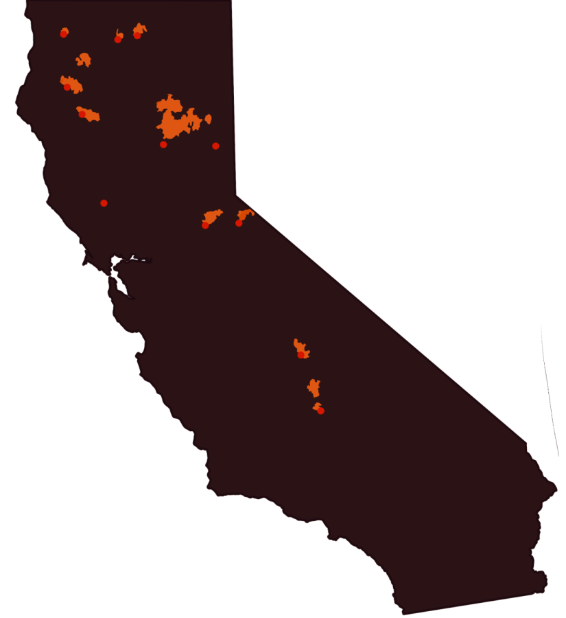 This map shows the current active wildfires across California and recent fire perimeters as of Oct. 9. Data is adapted from CalFire.