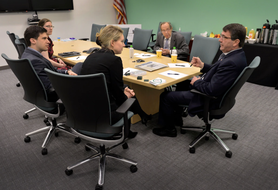 Former Theranos CEO Elizabeth Holmes meets in Palo Alto with representatives of the US Department of Defense (DoD) during DoD meetings with several high-tech companies in April 2013. Holmes founded Theranos in 2003 as a 19-year-old Stanford dropout.
