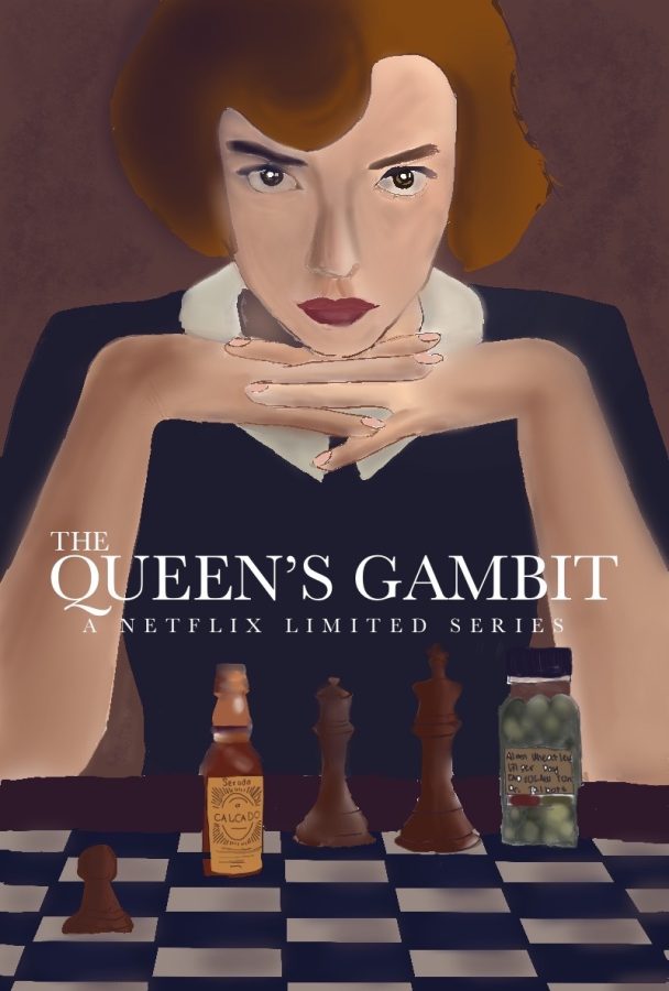 Chess master Beth Harmon concentrates over a chess board of pieces and pills. Netflix limited series The Queens Gambit broke numerous viewership records and won 11 Emmy awards. 