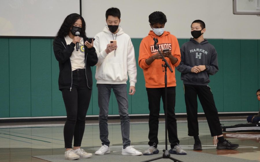 Alex Lan (11), Cynthia Wang (10), Eric Li (9) and Kailash Ranganathan (12) from the ASB Community Service Committee introduced Thanksgiving grams, which were sold on Thursday and Friday, with a short skit. Each gram includes chocolate, stickers, stationery and a personalized message for $3 as a way to show gratitude throughout the community. 