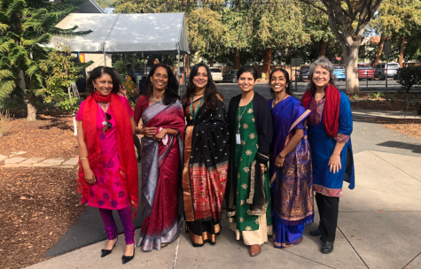 From left to right, upper school science department chair Anita Chetty, upper school chemistry teacher Dr. Mala Raghavan, computer science teacher Anu Datar, attendance coordinator Ritu Raj, upper school mathematics teacher Dr. Anu Aiyer and upper school computer science teacher Marina Peregrino dress in traditional garments to celebrate Diwali. This year, the holiday occurred on Nov. 5. 