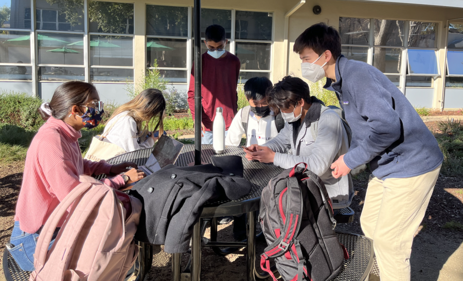 Junior Classical League vice president Trisha Iyer (10) and president Rupert Chen (11) converse during certamen practice on Feb. 23. Members of JCL gathered in the Quad on Feb. 23 to play certamen ahead of California Regional Certamina Rounds on Saturday.