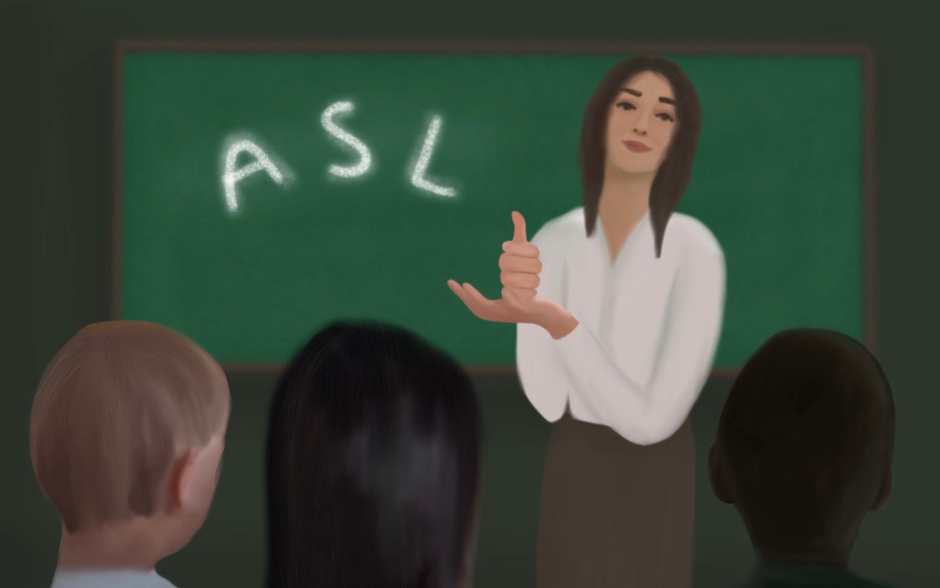 Learning sign language offers the same benefits as any spoken language such as advanced communication skills, increased memory span and improved academic performance. In this illustration, the teacher is signing the word for help in American Sign Language.