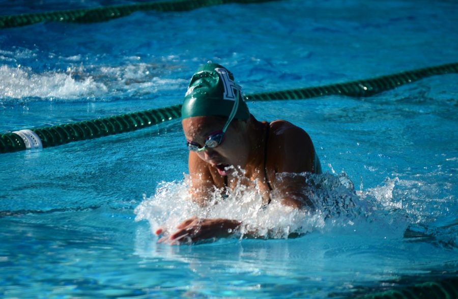 Ashley Hong (10) brings her arms together before making a stroke in the 200 medley event. Ashleys quick time in this event allowed her to qualify for CCS.