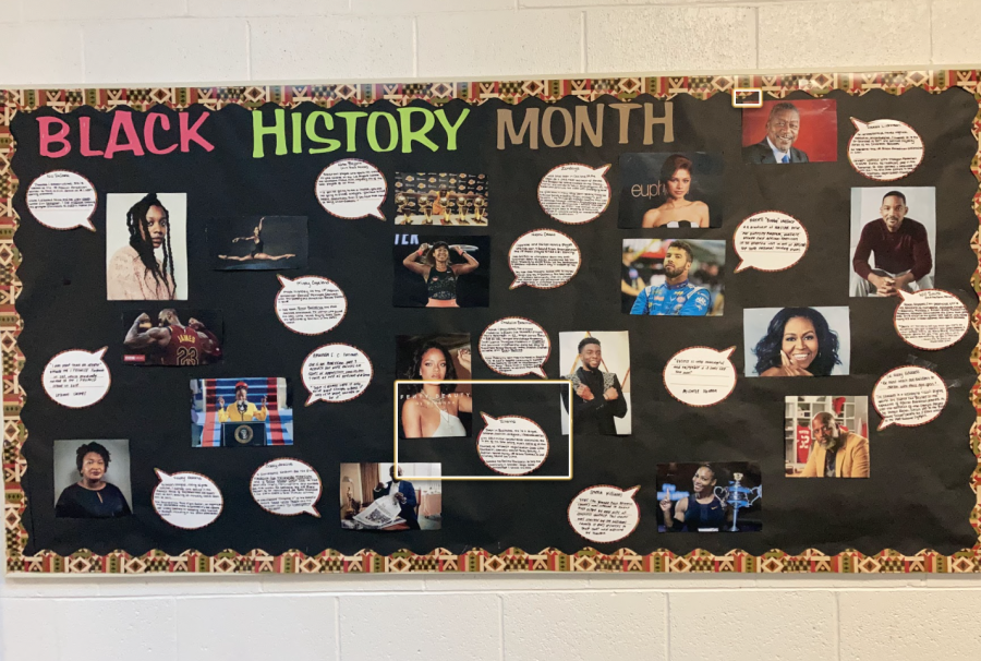 The Black History Month board in Main hallway is decorated with short biographies and pictures of various influential Black people from around the world in celebration of Black History Month. Notable Black people which the Black Student Union (BSU) included in the Student Diversity Coalition board range from athletes to actors to politicans.