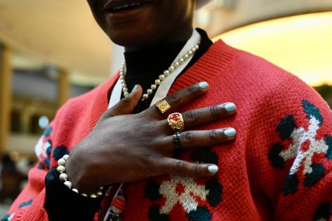 Tobi mixed and matched different rings and pearl to create his own jewelry style. He wanted to emulate Tyler, the Creators looks from his most recent album Call Me If You Get Lost.