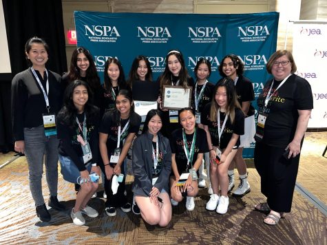 The Harker Aquila staff and co-advisers Whitney Huang and Ellen Austin, MJE, receive a Pacemaker award at the National High School Journalism Convention today. Harker Aquila also placed sixth in the Best of Show competition as an online news site.