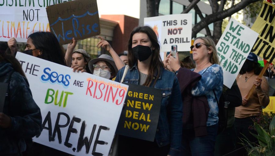 Climate strike attendees wave their signs and flags in the air on their way to Plaza de Cesar Chavez on Friday. Upon their arrival, the group formed a semicircle in the plaza to listen to various speeches from people involved with stopping climate change.