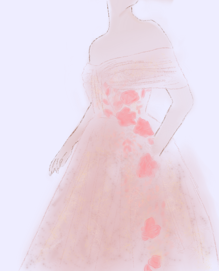 An illustration of Reagan Kas (12) prom dress. While many upper school students still approached their princess, prince or even friends in a series of promposals, they decided to live their happily-ever-afters for prom in style.

