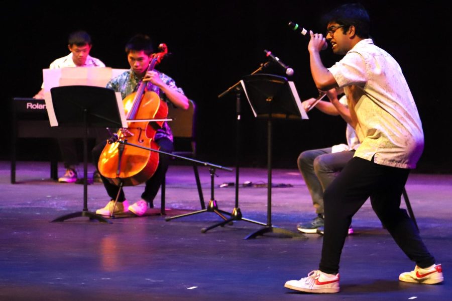 Ayan Nath belts into the microphone as the singer for band Stud Muffins performance of “Viva La Vida” by Coldplay. The band featured seniors Shrey Khater, Bobby Wang, Austin Wang, Mark Hu and Brandon Park accompanying him on the piano, cello, violin and drum.