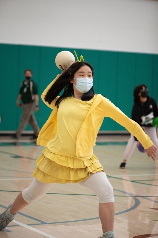 Alice Tao (10) participates in the dodgeball game between the freshmen and sophomore classes. Alice also dressed up as the yellow Teletubby for class theme dress-up day. 