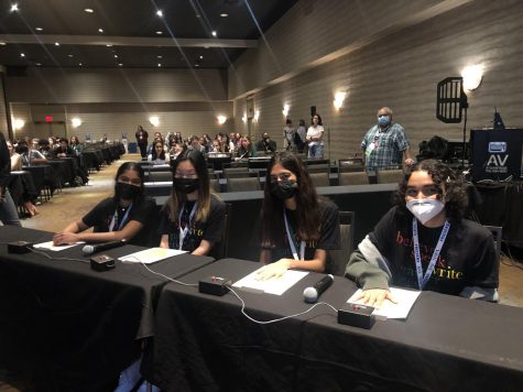 Harker Journalisms Quiz Bowl team competed this morning in the finalists round at 8 a.m. in the Westin Bonaventure Hotel in Los Angeles. The team consisted of Shinjan Ghosh (12), Tiffany Chang (11), Lakshmi Mulgund (11) and Lavanya Subramanian (11). 