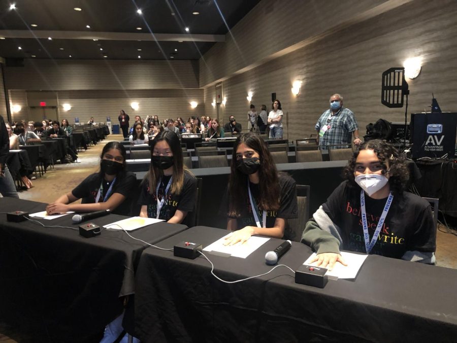 Harker Journalism's Quiz Bowl team competed this morning in the finalists round at 8 a.m. in the Westin Bonaventure Hotel in Los Angeles. The team consisted of Shinjan Ghosh (12), Tiffany Chang (11), Lakshmi Mulgund (11) and Lavanya Subramanian (11). 