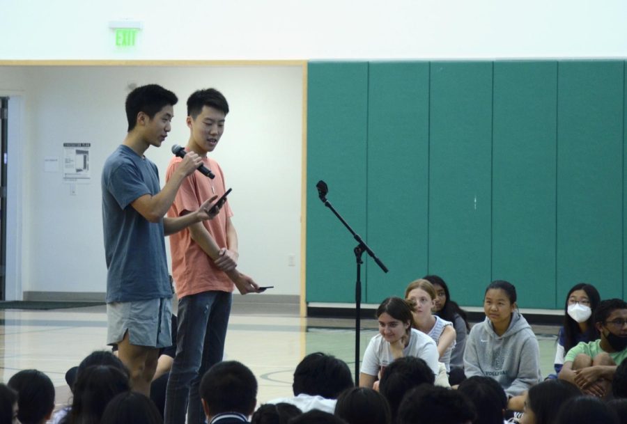 Research Club officers Brian Chen (12) and Alex Lan (12) introduce the Synopsys Information Session at yesterdays school meeting. The meeting also included information about the Dance Production, a sports recap, and several club announcements.