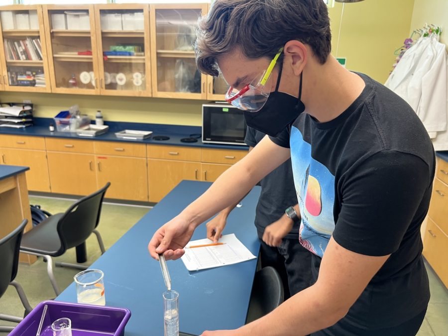 Bobby+Costin+%2811%29+drops+solid+yeast+balls+into+a+graduated+cylinder+of+hydrogen+peroxide.+Honors+Biology+students+participated+in+a+lab+on+Thursday+and+Friday+about+different+enzyme+properties.
