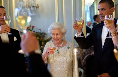 Queen Elizabeth II raises her glass in a toast with President Barack Obama in London in 2011. Elizabeth, the longest reigning monarch in English history, died at 96 years old in Scotland this morning. 
