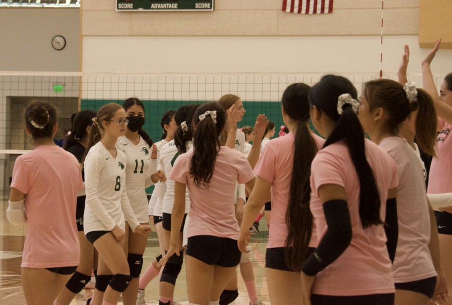 The junior varsity girls volleyball team huddles during their game on Thursday. The varsity and junior varsity teams hosted their annual Dig Pink fundraiser to raise money for the Side Out Foundation, aimed to raise awareness for breast cancer. 