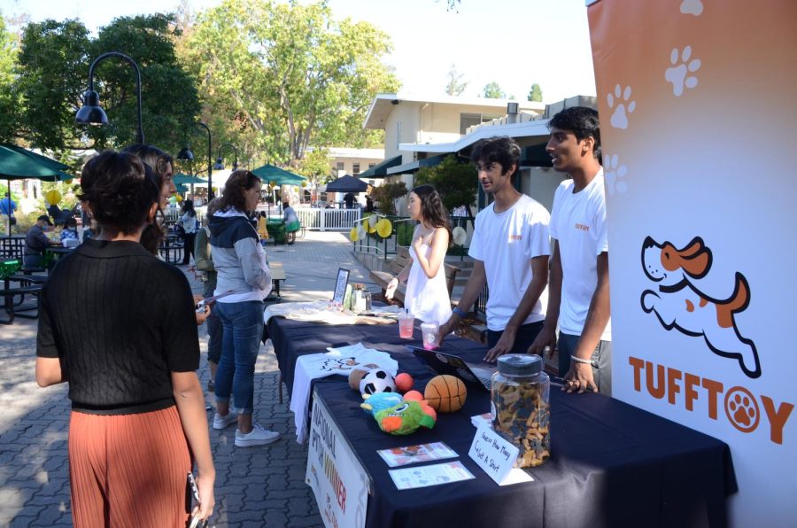 Seniors Rohan Gorti and Zubin Khera (pictured on the right) present TuffToy, a dog toy business they co-founded with senior Arin Jain, at a Harker Day booth. All across campus, a variety of stations promoted clubs, organizations and student-run businesses.