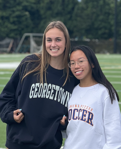 Seniors Emily Novikov 
and Lexi Wong pose together wearing their 
respective college commitment sweatshirts. “The biggest piece of advice I’d give is to not be afraid to reach out to coaches,” Emily said. “What do you have to lose by sending an email?”