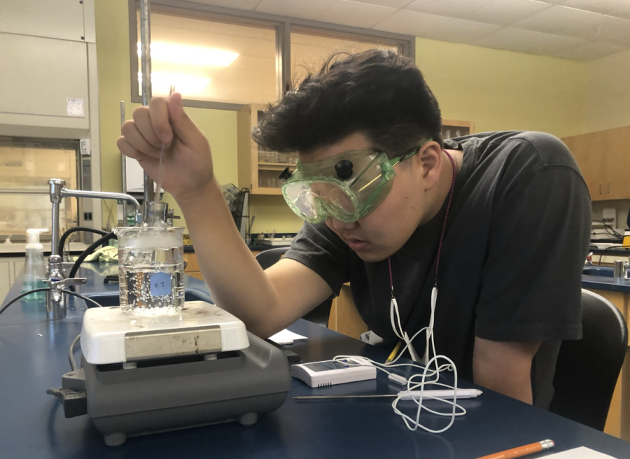 Jason Shim (10) observes a beaker while participating in the AP Chemistry lab. Students in the classes created aspirin during a lab from Oct. 6 to Oct. 10. 