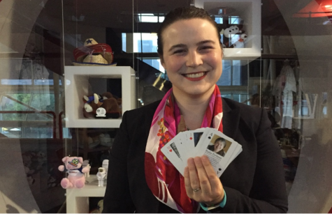 Jessica Dickinson Goodman (‘07), who supports and educates underprivileged women in STEM fields, holds up cards of notable women in computing. She has traveled to numerous countries in Africa and the Middle East to teach technology.