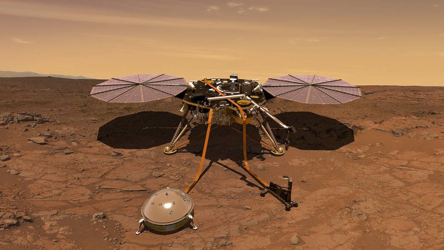 Depiction of NASAs Insight lander, which was used to detect large seismic activity on Mars. In a paper published on Oct. 27, researchers, using data collected by the lander and NASA’s Mars Reconnaissance Orbiter, proved that a Mars quake emanated from a massive impact that shook the planet.